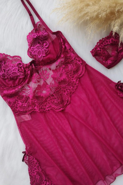 Guipure Grace Chemise – Camisola Feminina em Renda com Aro e Calcinha Fio | Primiss